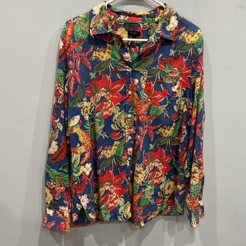 Talbots Womens Button Up Shirt Size L Tropical Floral Beach Colorful Work Office